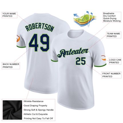 Custom Team Performance T-Shirt with Name and Number in White Navy-Neon Green Personalized White Navy-Neon Green Performance