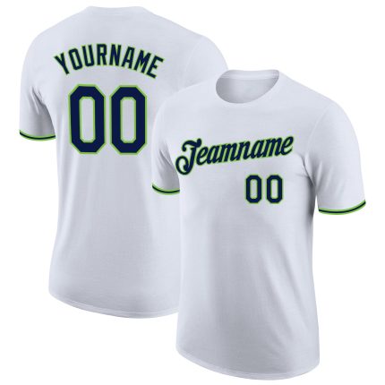 Custom Team Performance T-Shirt with Name and Number in White Navy-Neon Green Personalized White Navy-Neon Green Performance