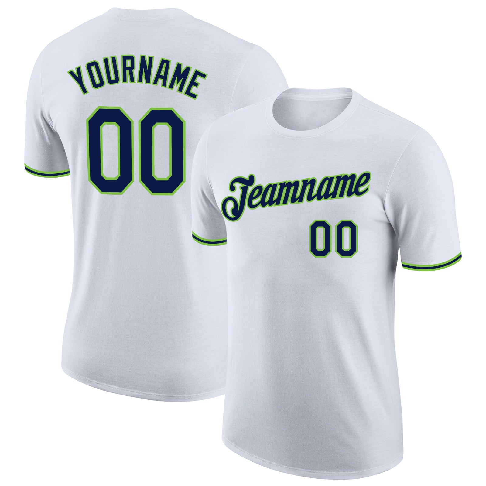 Custom Team Performance T-Shirt with Name and Number in White Navy-Neon Green Personalized White Navy-Neon Green Performance