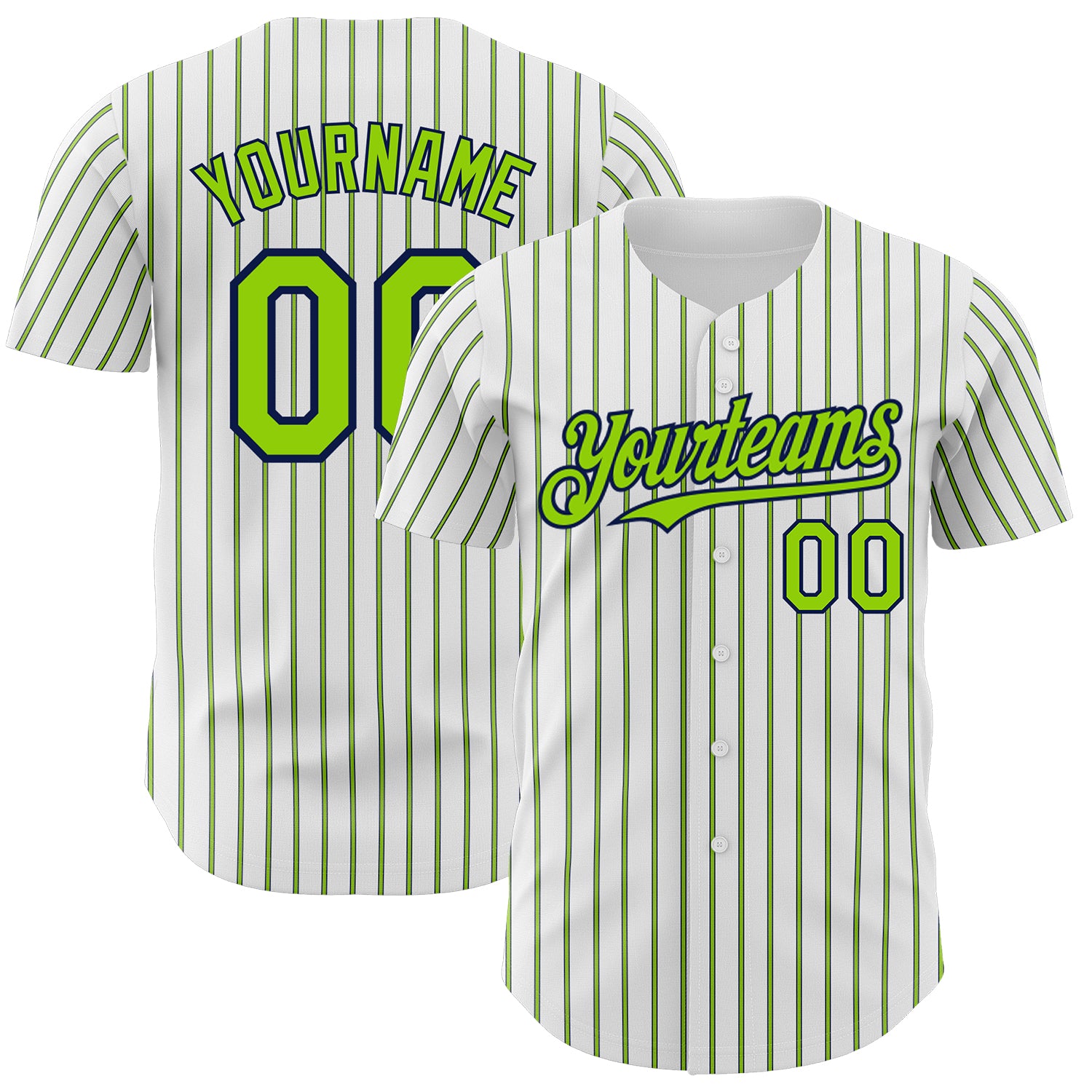 Custom Name and Number Neon Green-Navy Authentic Baseball Jersey - Personalized White with Navy Neon Green Pinstripe Personalized