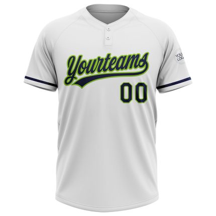 Custom Name and Number Unisex Softball Jersey - Personalized White Navy Neon Green Two-Button Design Personalized White Navy-Neon