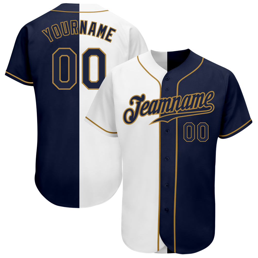 Custom Name and Number Baseball Jersey - Personalized White Navy Old Gold Authentic Split Fashion Team Jersey Personalized