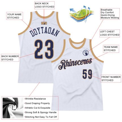 Customizable Authentic Basketball Jersey with Personalized Name and Number - White Navy-Old Gold Throwback Style Personalized