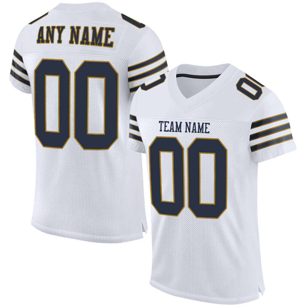 Personalized Authentic Football Jersey in White, Navy and Old Gold Mesh Personalized White Navy-Old Gold Mesh Authentic Football