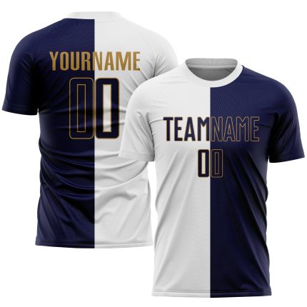 Custom Sublimation Soccer Jersey with Personalized Name and Number - White Navy Old Gold Split Fashion Uniform Personalized