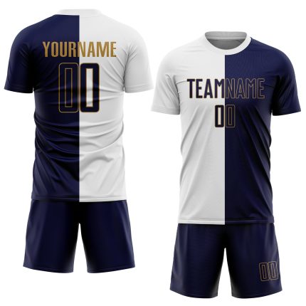 Custom Sublimation Soccer Jersey with Personalized Name and Number - White Navy Old Gold Split Fashion Uniform Personalized