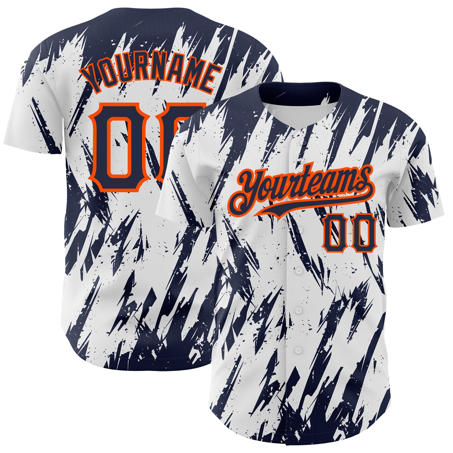 Customizable 3D Pattern Baseball Jersey - Personalized Name & Number in White Navy Orange, Sharp Design, Team Spirit Personalized