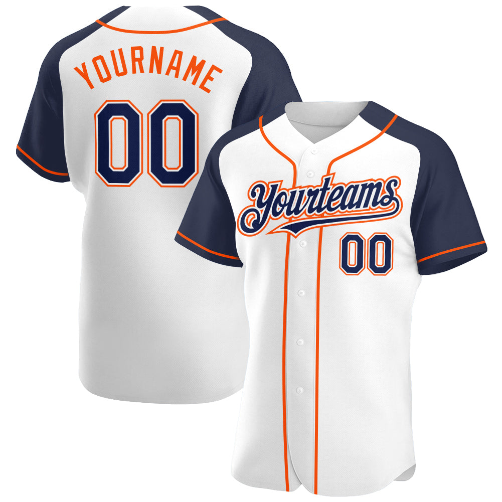 Custom Name and Number Personalized Baseball Jersey, White Navy-Orange Authentic Raglan Sleeves Personalized White Navy-Orange