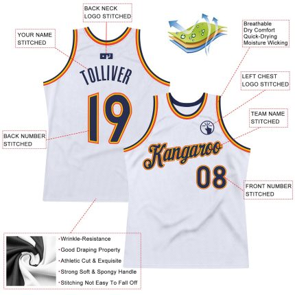 Custom Personalized Basketball Jersey with Name and Number - White Navy Orange Authentic Throwback Style Personalized White