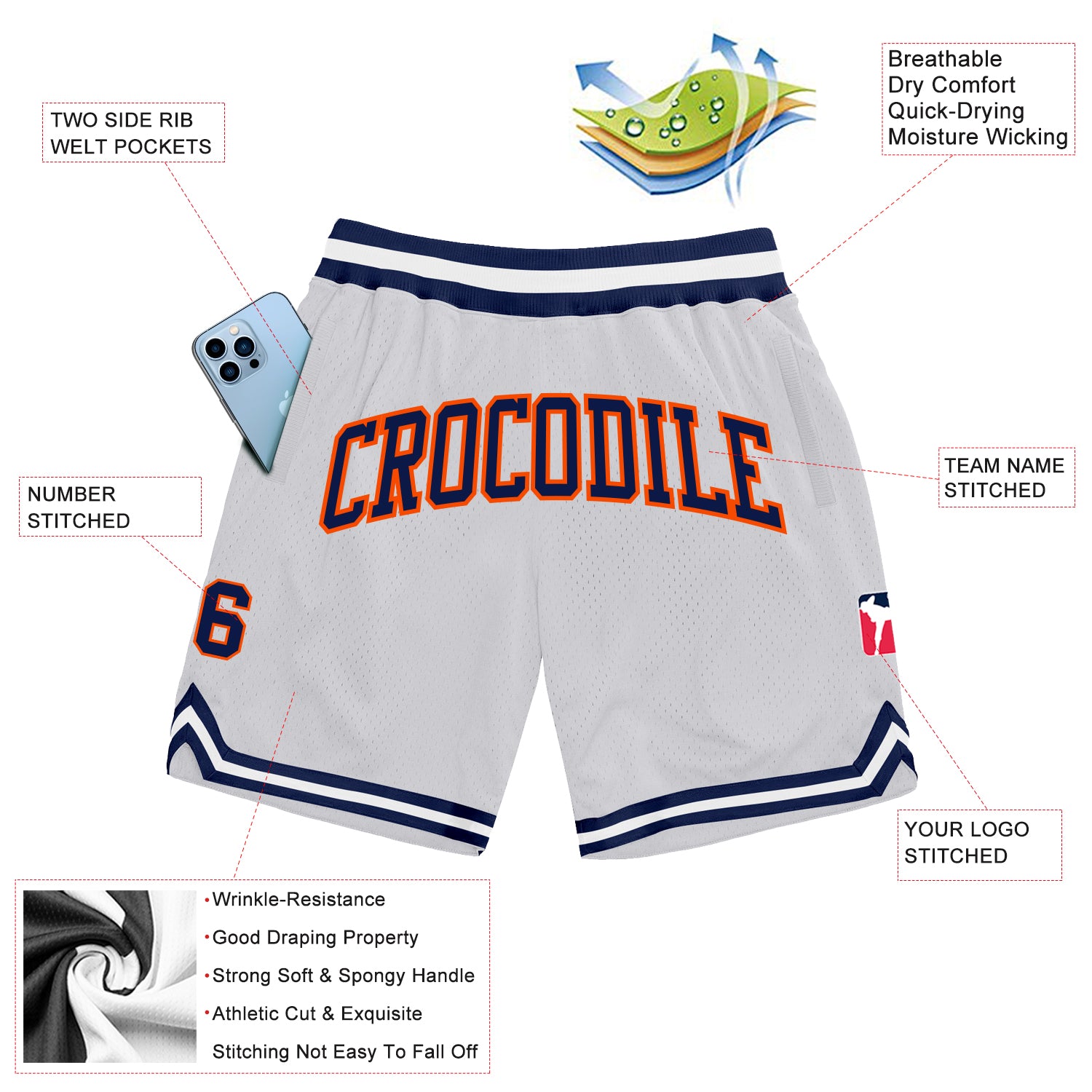 Personalized White Navy-Orange Authentic Throwback Basketball Shorts Team Custom Name and Number Custom Name Number Personalized Basketball Shorts White Navy Orange Authentic Throwback Team Design Personalized White Navy-Orange - Image 2