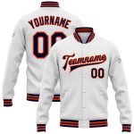 Custom Name Number Varsity Bomber Jacket White Navy Orange Full-Snap Personalized Team Letterman Personalized White Navy-Orange