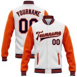 Custom Name Number Varsity Letterman Bomber Jacket - White Navy Orange Two Tone Full-Snap Team Gear Personalized White Navy-Orange