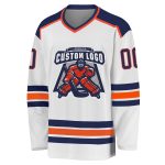 Custom white, navy and orange hockey jersey, back view