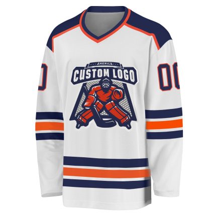 Custom white, navy and orange hockey jersey, back view