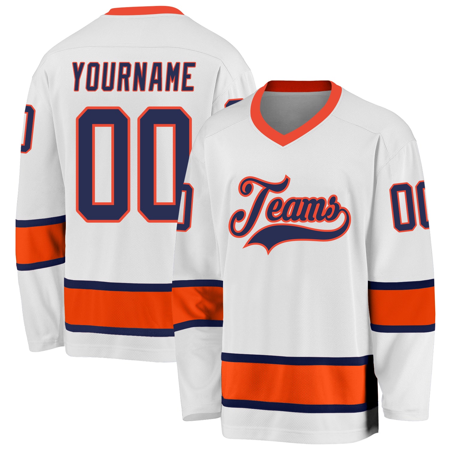 Custom Team Hockey Jersey with Personalized Name and Number in White Navy Orange Personalized White Navy-Orange Hockey Jersey