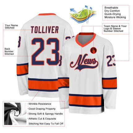 Custom Team Hockey Jersey with Personalized Name and Number in White Navy Orange Personalized White Navy-Orange Hockey Jersey