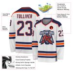Custom white, navy and orange hockey jersey, detail of the printed panel
