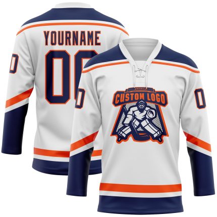 Custom Name and Number Personalized Hockey Jersey - White Navy-Orange Lace Neck Team Jersey Personalized White Navy-Orange