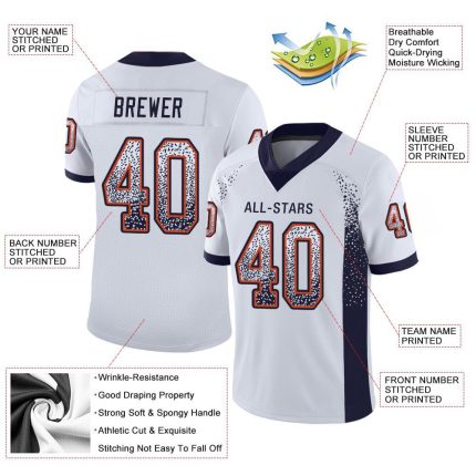 Custom Personalized Football Jersey - White Navy Orange Mesh - Team Name & Number Personalized White Navy-Orange Mesh Drift