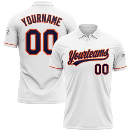Custom Name Number White Navy-Orange Performance Vapor Golf Polo Shirt Personalized Team Apparel Personalized White Navy-Orange