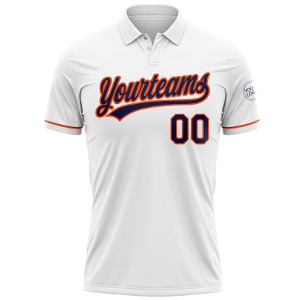 Custom Name Number White Navy-Orange Performance Vapor Golf Polo Shirt Personalized Team Apparel Personalized White Navy-Orange
