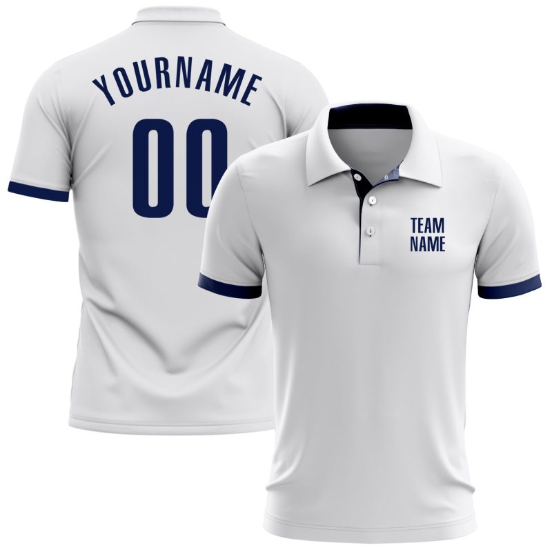 Custom Name Number Golf Polo Shirt - Personalized White Navy Performance Team Apparel Personalized White Navy Performance
