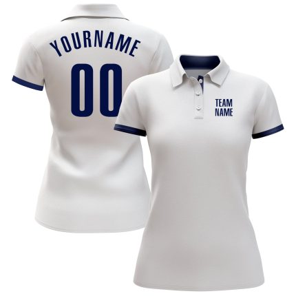 Custom Name Number Golf Polo Shirt - Personalized White Navy Performance Team Apparel Personalized White Navy Performance