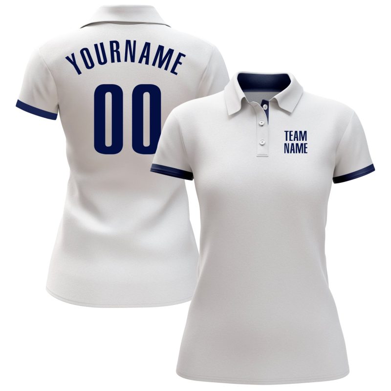 Custom Name Number Golf Polo Shirt - Personalized White Navy Performance Team Apparel Personalized White Navy Performance
