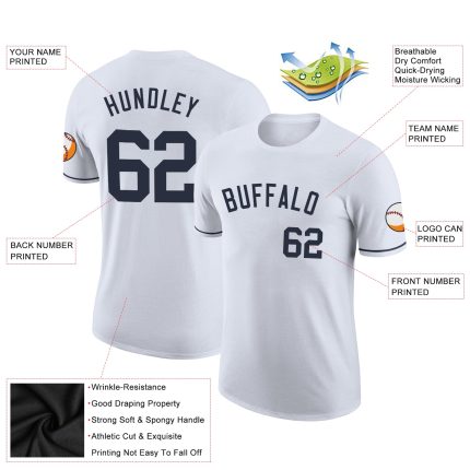 Custom Team Name and Number Personalized Performance T-Shirt - White Navy Personalized White Navy Performance T-Shirt Team