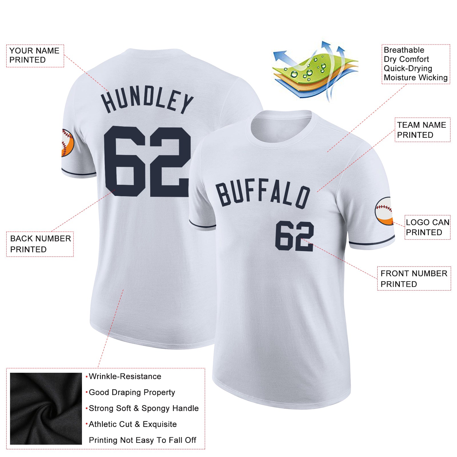 Personalized White Navy Performance T-Shirt Team Custom Name and Number Custom Team Name and Number Personalized Performance T-Shirt - White Navy Personalized White Navy Performance T-Shirt Team - Image 2