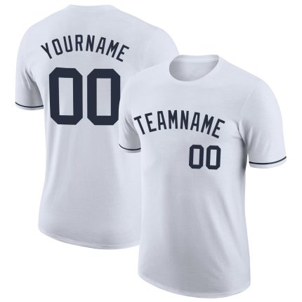 Custom Team Name and Number Personalized Performance T-Shirt - White Navy Personalized White Navy Performance T-Shirt Team