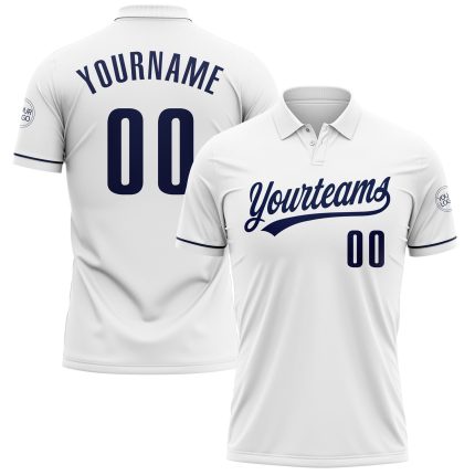 Custom Name and Number Personalized Performance Golf Polo Shirt in White Navy Personalized White Navy Performance Vapor Golf