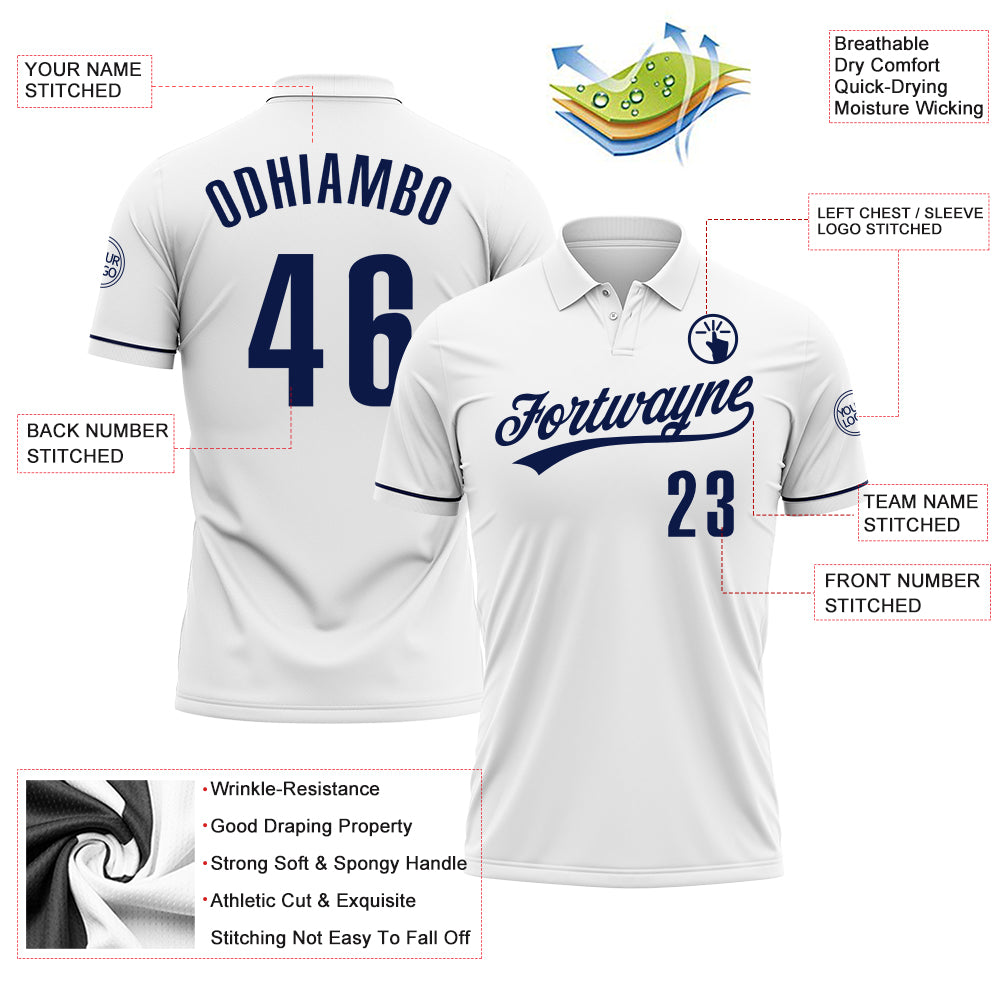 Personalized White Navy Performance Vapor Golf Polo Shirt Team Custom Name and Number Custom Name and Number Personalized Performance Golf Polo Shirt in White Navy Personalized White Navy Performance Vapor Golf - Image 3
