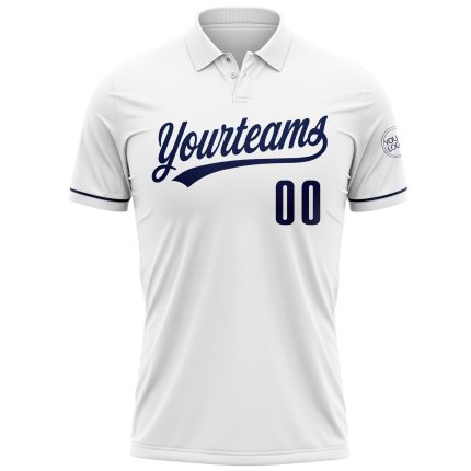 Custom Name and Number Personalized Performance Golf Polo Shirt in White Navy Personalized White Navy Performance Vapor Golf