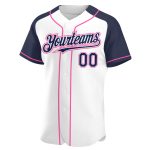 Custom Name and Number Baseball Jersey - Personalized Authentic White Navy-Pink Raglan Sleeves Team Apparel Personalized