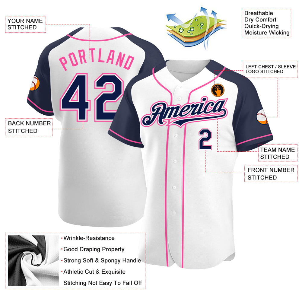 Personalized White Navy-Pink Authentic Raglan Sleeves Baseball Jersey Team Custom Name and Number Custom Name and Number Baseball Jersey - Personalized Authentic White Navy-Pink Raglan Sleeves Team Apparel Personalized - Image 3