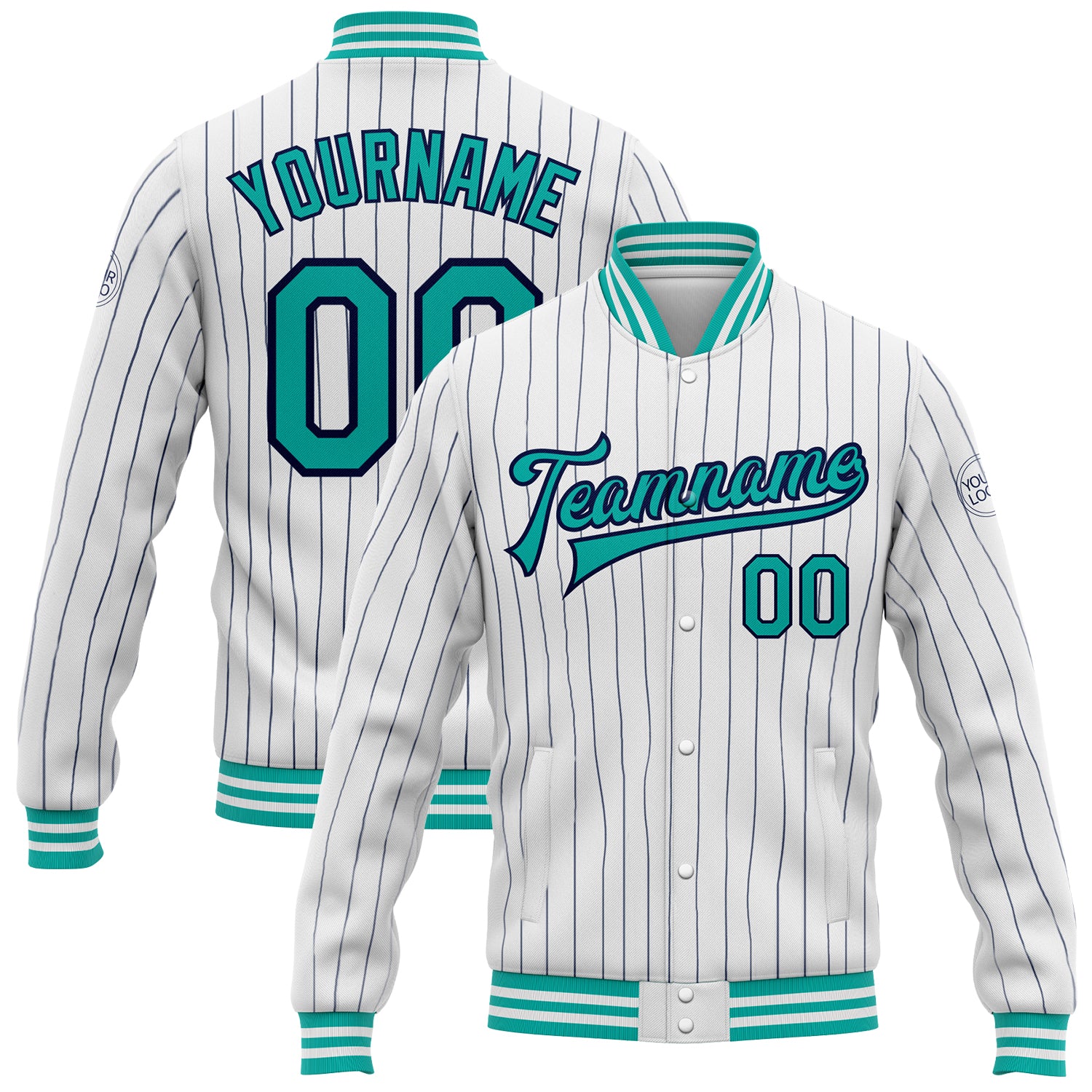 Custom Name and Number Varsity Letterman Jacket White Navy Pinstripe Aqua Full-Snap Bomber Personalized White Navy Pinstripe