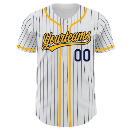 Customizable White and Navy Pinstripe Authentic Baseball Jersey with Gold Team Name and Number Personalized White Navy Pinstripe