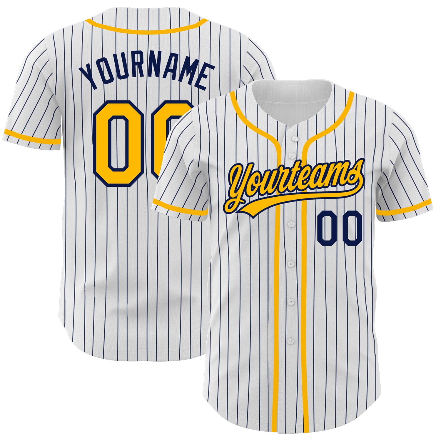 Customizable White and Navy Pinstripe Authentic Baseball Jersey with Gold Team Name and Number Personalized White Navy Pinstripe