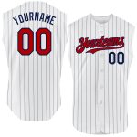 Custom Name and Number Personalized Authentic Baseball Jersey - White Navy Pinstripe Sleeveless Design Personalized White
