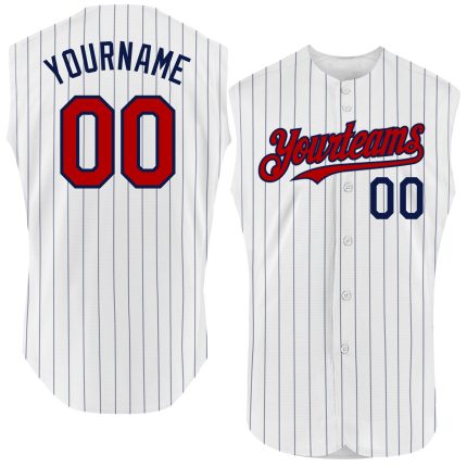 Custom Name and Number Personalized Authentic Baseball Jersey - White Navy Pinstripe Sleeveless Design Personalized White