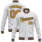 Custom Name Number Varsity Letterman Jacket Personalized White Navy Pinstripe Gold Bomber Full-Snap Style Personalized White