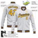 Custom Name Number Varsity Letterman Jacket Personalized White Navy Pinstripe Gold Bomber Full-Snap Style Personalized White