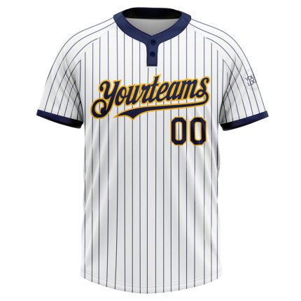 Custom Name and Number Softball Jersey - Personalized Unisex Two-Button White Navy Pinstripe Gold Design Personalized White