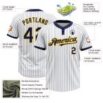 Custom Name and Number Softball Jersey - Personalized Unisex Two-Button White Navy Pinstripe Gold Design Personalized White