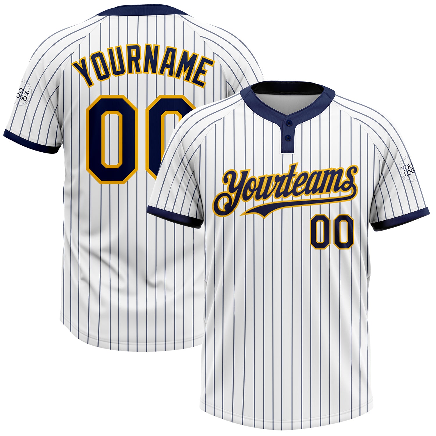Custom Name and Number Softball Jersey - Personalized Unisex Two-Button White Navy Pinstripe Gold Design Personalized White