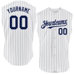 Custom Personalized Baseball Jersey - Authentic Sleeveless White Navy Pinstripe with Gray Team Name and Number Personalized