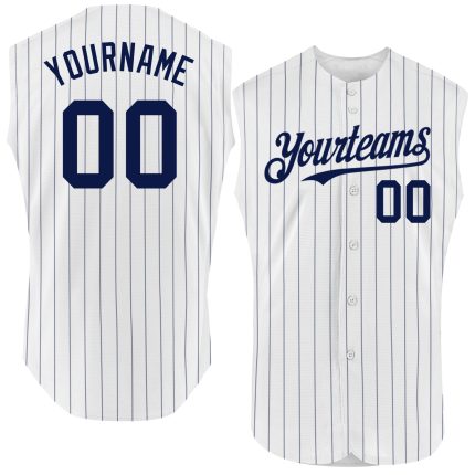 Custom Personalized Baseball Jersey - Authentic Sleeveless White Navy Pinstripe with Gray Team Name and Number Personalized