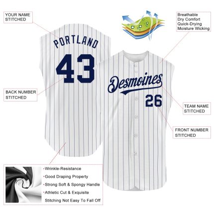 Custom Personalized Baseball Jersey - Authentic Sleeveless White Navy Pinstripe with Gray Team Name and Number Personalized