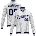 Custom Name Number Personalized Bomber Varsity Letterman Jacket White Navy Gray Pinstripe Full-Snap Style Personalized White